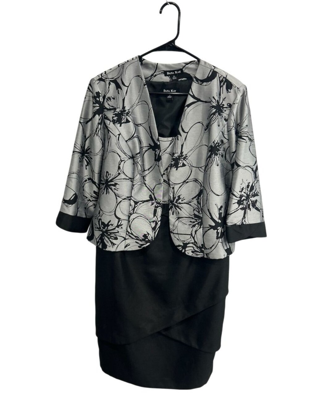 Dana Kay 16 Silver Black Floral Jacket Dress Set Formal Wear Glam Parisian